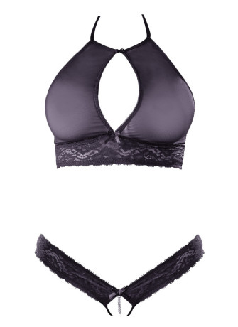 Soutien-gorge bandeau, en dentelle et résille noire et string ouvert - R2213648